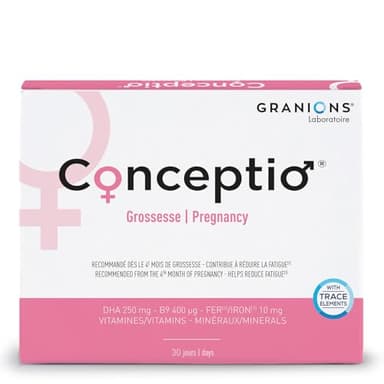 CONCEPTIO GROSSESSE | Dès le 4ème mois de grossesse | Fatigue, développement normal du foetus | Vitamine B9, Fer, DHA, Vitamines B, D3 et C, Oligoéléments | 30 gélules & 30 capsules | Format 1 mois