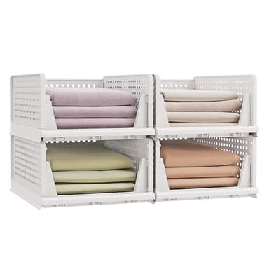 SONGMICS Organisateur d’Armoire Pliable, Lot de 4, Tiroir Coulissant Empilable, Panier, Étagère de Rangement, en Plastique, pour Chambre, Bureau, Salle de Bain, Blanc LPC400WZ01
