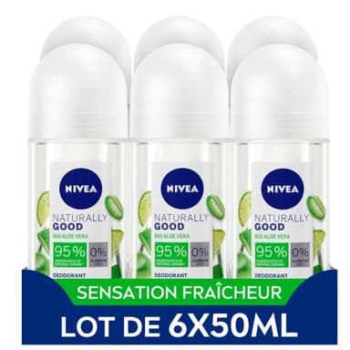 NIVEA NATURALLY GOOD Déodorant Femme Aloe Vera Bio Bille (lot de 6 x 50 ml), déodorant avec 95% d’ingrédients d’origine naturelle, roll-on fraîcheur 24h