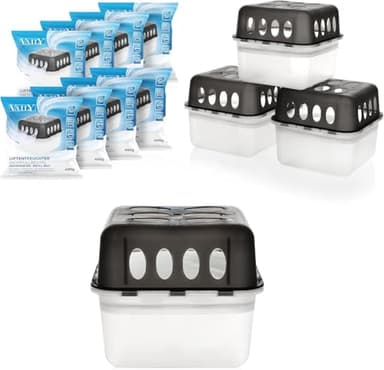 Vaily Lot de 4 déshumidificateurs avec 8 recharges de 400 g - Déshumidificateur avec granulés pour salle de bain, cave, appartement, etc. jusqu'à 40 m²