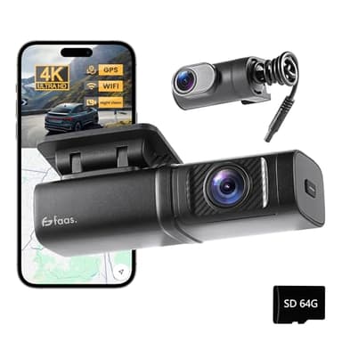 Faas Dashcam Voiture Avant & Arrière – Dashcam Double 4K – 64GB Micro-SD – G-Sensor, Time-Lapse & Vision Nocturne – Mode Parking & Enregistrement en Boucle – Noir