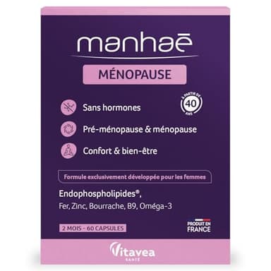 Vitavea - Manhaé - Ménopause - Complément alimentaire ménopause sans hormones - Acide folique, Oméga 3, Zinc, Fer - 60 capsules - Violet - 2 mois - Fabriqué en France
