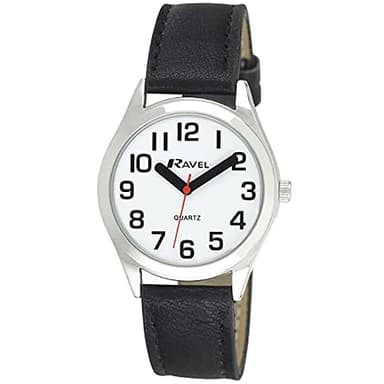 Ravel - Montre Unisexe à Bracelet d'aide à la Vue avec de Gros Chiffres - Cadran Blanc/Ton Argenté/Noir