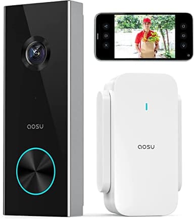 AOSU Sonnette vidéo sans Fil avec Pile, Sonnette sans Fil Exterieur Etanche avec HD 2K, Angle Ultra Large de 166°, aucuns Frais mensuels, Audio, Détection de Personnes, Sonnette Camera, Alexa intégré