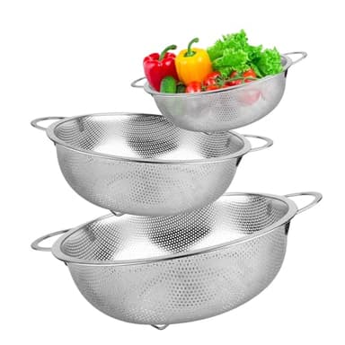 3pcs Passoire Cuisine, Passoire Inox Avec Poignées, Passoires à Pâtes en Acier Tamis Micro Perforée, Crépine à Mailles Fines Polie Brillante, Passoire de Cuisine en Métal Pour Pâtes, Fruits, Légumes