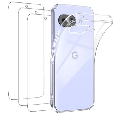 FLLAO Coque Compatible avec Google Pixel 9a Transparente avec 3 Verre trempé Protection écran, Souple Silicone Mince Étui Protection Bumper Housse TPU Téléphone Pixel 9a Cover