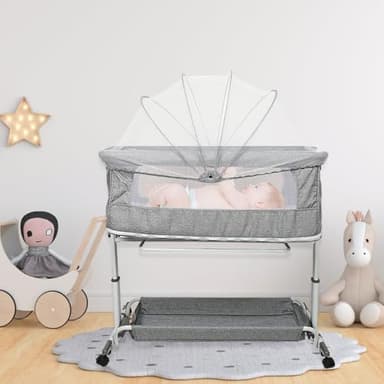 HUOLE Lit Jumeaux Bebe,Twin Nursery Center, Accessoire De Berceau Jumeau pour Parc, Lit De Bébé Dormeur avec Parents, Hauteur Réglable, Roue Universelle Muette, Berceaux-113 * 66 * 84 cm-Gris