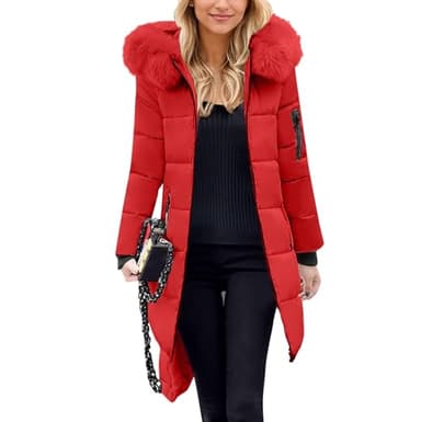 Doudoune Femme Hiver Chaude Blouson Mi-Longue Veste Femme Veste Confortable Manches Longues Doudoune Oversize Capuche Fourrure Manteau Poches pour Les Sorties Rouge 3XL