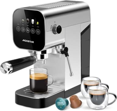 Aigostar Barista - Machine à café Expresso et Cappuccino, Compatible avec capsules et café moulu, 20 Bars, Écran Tactile Digital, 1 ou 2 tasses, Cafetiere avec mousseur à lait, 0,9 L, 1350 W, Inox