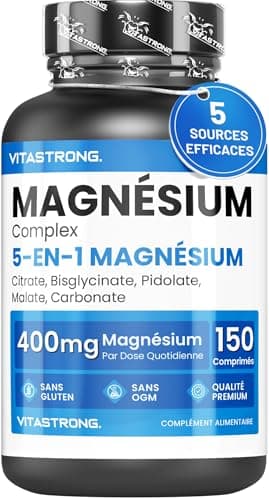 Magnésium Complexe 5 en 1, 400mg par Dose, 5 Sources de Magnésium Bisglycinate, Citrate de Magnesium, Malate, Pidolate, Carbonate, 150 Comprimés Magnesium Pur Sans Gluten, Qualité Premium Vitastrong