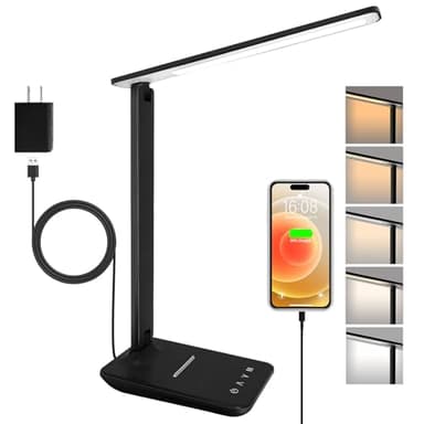 joyshie Lampe de Bureau LED avec Adaptateur, Pliable Lampe de Chevet Dimmable avec 5 Modes de Couleur et 5 Niveaux de Luminosité, Port de Charge USB, Pour Lecture Travail (Noir)