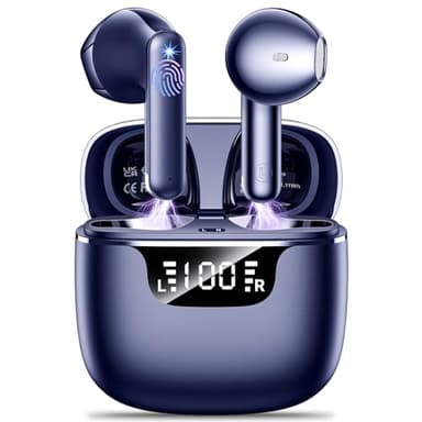 Ecouteurs Bluetooth sans Fil,kauguo Oreillette Bluetooth avec 4 ENC Réduction Antibruit Mic IPX6 Étanche 42H Durée Écran LED HiFi Stéréo Contrôle Tactile Écouteurs sans Fil pour iOS Android Bleu Foncé