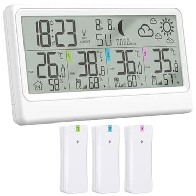 Station Météo Sans Fil Avec 3 Capteurs, Thermomètre Hygromètre Baromètre Intérieur Extérieur, Écran LED 8,5' Prévisions Météo Température Humidité Horloge Numérique Alarme Snooze Affichage De L'Heure