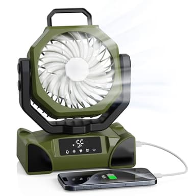 OUWANCH Ventilateur de camping 20 000 mAh, USB, avec lumière LED, télécommande, oscillant, 5 vitesses, minuteur, crochet pour tente, pique-nique, voyage, bureau