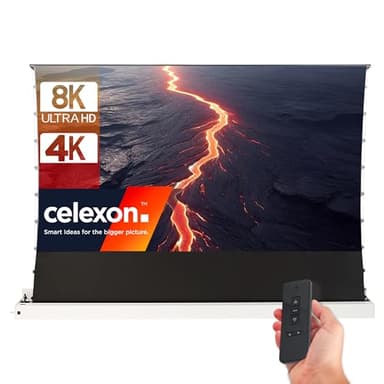 celexon HomeCinema Plus CLR UST Écran de Projection motorisé 100" Blanche | 221x124 cm 16:9 | Écran encastrable et enroulement à Ciseaux au Sol 8K/Full HD pour projecteurs à Ultra-Courte focale