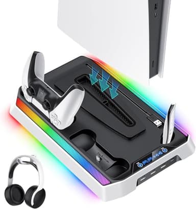 JORREPStation de recharge pour PS5/Slim/Pro et manettes Station de recharge pour console PS5 avec ventilateur de refroidissement, double chargeur de manettes,support de refroidissement