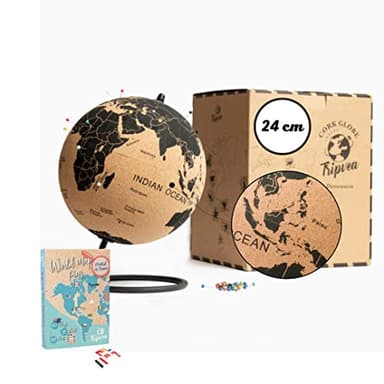 TRIPVEA® Globe terrestre 24 cm vintage en liège + 342 drapeaux autocollants à planter - Mappemonde décorative thème voyage - Idée cadeau et déco idéale pour votre bureaux ou votre enfant