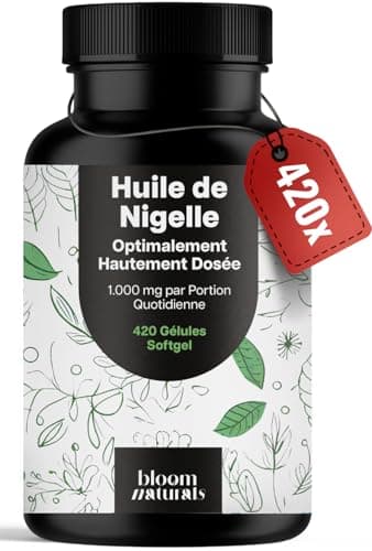 Huile de Nigelle Gelules – Capsules d’Huile de Cumin Noir – 420 Gélules Softgel 1 000 mg avec Vitamine E – Fabriqué en Allemagne