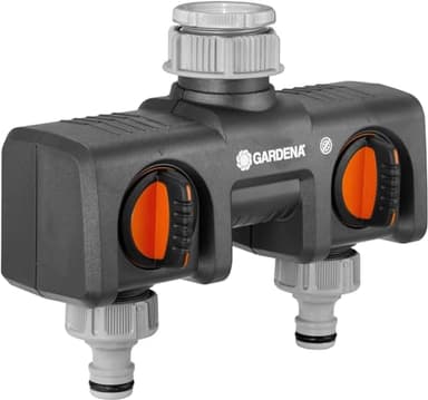 Distributeur 2 voies GARDENA : possibilité de raccorder 2 appareils au robinet, convient pour les programmateurs et minuteries d'arrosage de GARDENA, débit d'eau réglable et verrouillable (8193-20)