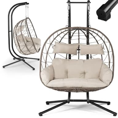 Fauteuil Suspendu Double Aria de Juskys - Fauteuil Suspendu en polyrotin avec Support & Coussins - balancelle pour Deux Personnes - Fauteuil d'extérieur/d'intérieur - Panier XXL Gris