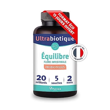 Vitavea Ultrabiotique - Probiotique Flore Intestinale, Equilibre du Microbiote, Digestion - Ferments Lactiques - Lactobacillus & Bifidobacterium - 5 souches - 60 gélules - 2 mois-Fabriqué en France