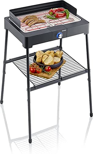 SEVERIN Barbecue électrique 2 200 W avec Grille inox, Barbecue sur pieds avec pare-vent amovible, eBBQ avec bac à eau pour utilisation en intérieur et extérieur, Noir, PG 8566