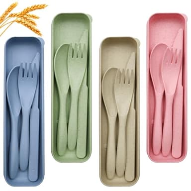 OMJMYY 4 Ensemble de Couverts avec Étui Portable Couvert Plastique Couverts de Voyage Reutilisable Couvert Camping avec Couteau Cuillère et Fourchette pour Pique-Nique ou Une Utilisation Quotidienne
