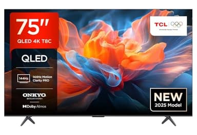 TCL 75T8C 75" QLED 4K HDR Ultra HD TV, Smart TV Powered by Google TV (Dolby Vision & Atmos, 144Hz Motion Clarity Pro, FreeSync, Onkyo 2.1 Sound, Voice Control)