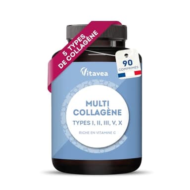 Multi Collagène 5 Types I, II, III, V, X - Peptide de Collagène Hydrolysé & Collagène Marin - Enrichi en Vitamine C - Peau, Cheveux et articulations - 90 Comprimés - Fabriqué en France - Vitavea