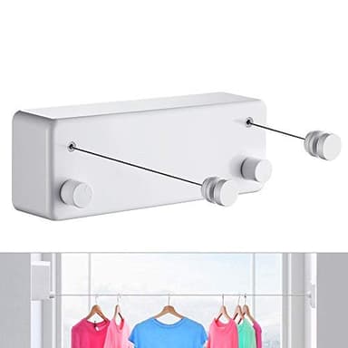 JOOM Corde à Linge rétractable pour intérieur et extérieur - Robuste, 2 Fils à Linge de 4,2 m en Acier Inoxydable, Fixation Murale (perceuse) - Blanc T
