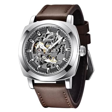 BENYAR - Montre Automatique Homme Mécanique |Bracelet en Cuir | Mouvement Doré | Cadran Squelette de 45 mm | Résistant à l'eau et Aux Rayures Cadeau élégant
