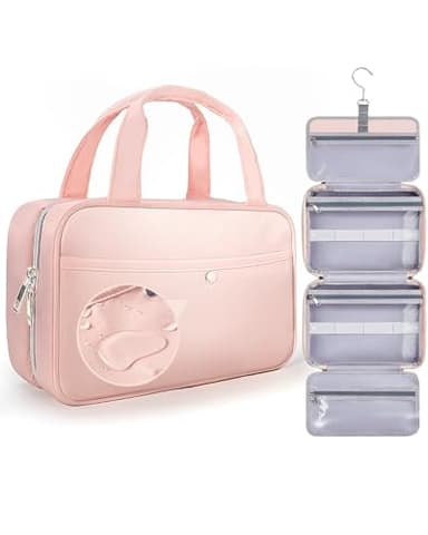 Chakipee Trousse de Toilette a Suspendre Voyage Femme- Organisateur Cosmétique Imperméable avec Fenêtre Transparente, Trousses de Toilette Bain Légère pour Essentiels, Maquillage Rose, Moyen