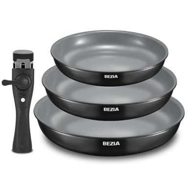 BEZIA Lot de poêles avec poignée amovible - Revêtement en céramique - Pour induction et tous types de plaques de cuisson - 20 + 24 + 28 cm - Design empilable - Passe au lave-vaisselle et au four