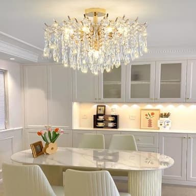 DOCJX Lustre Salon Cristal Moderne Style Français - Pendentif Plafonnier Lumineux E14 (D60/80cm) En Or, Design Élégant Pour Salon/Salle À Manger/Chambre/Bureau, Matériaux Cristal Métal Doré Poli(60CM)