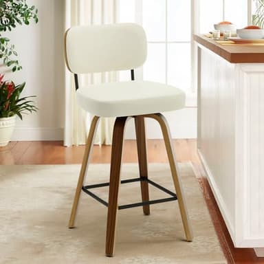 Bekrvio Tabouret de bar pivotant à 360° avec dossier en rotin (1 pièce, 150 kg, hauteur d’assise 65 cm - Chaise de bar avec similicuir et bois massif, tabouret de bar à 4 pieds en bois, Tabouret