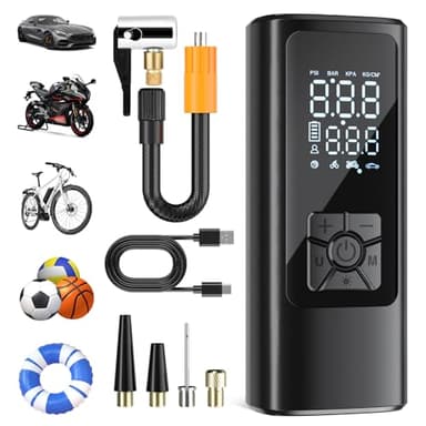 HOVVIDA Compresseur à Air Portatif, 150 PSI (10,3 Bar) Gonfleur Pneus Voiture sans Fil 5V, Inflation Rapide, Arrêt Automatique, 5200 mAh, LED, Air Pump, pour Voiture, Moto, Vélo, Ballon