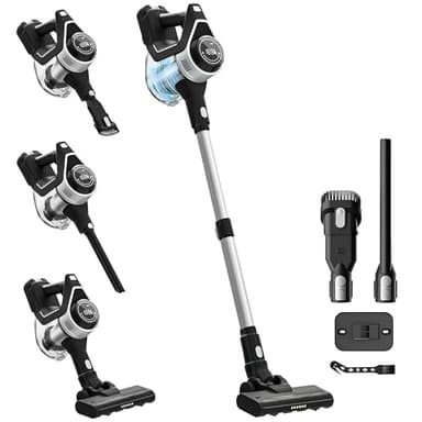 Powell Aspirateur Balai sans Fil sans Sac 2-en-1, 30 Min, bac 1,2 L, Filtre HEPA, Tube 270°, LED, 2 Vitesses, Support Mural (Charge), 2 Accessoires, Poils d’Animaux/Tapis/sols/Voiture, Argent/Noir