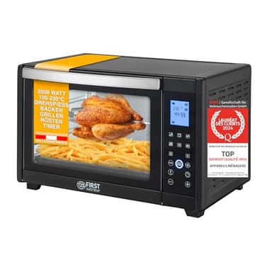 TZS First Austria Mini Four électrique, 45L, Four à convection 2000 Watt, affichage digital, Four électrique compact, Grille et Plaque de Four, Double Vitrage, tournebroche inclus, Noir