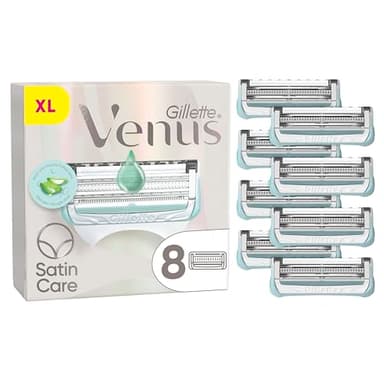 Gillette Venus + Satin Care Lot De 8 Recharges De Rasoir Pour Femmes Pour La Peau Et Les Poils Pubiens, Cartouches AUTHENTIQUES, Rasage Doux Des Zones Sensibles, Lame De Précision, Touche D’Aloe Vera