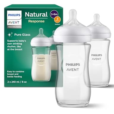 Philips Avent Natural Response - Biberons en verre 240 ml (8 oz) avec tétines à débit moyen (Débit 3), lot de 2, SCY933/02