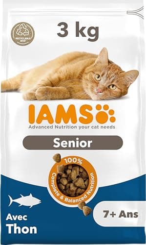 IAMS Advanced Nutrition pour Chats séniors 7 an + Croquettes 100% Complètes & Equilibrées au Thon – Renforce Les articulations & Le cœur – sans OGM colorants arômes artificiels - Sac refermable 3 kg