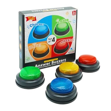Gelaber Set de 4 Buzzer Blind Test, Buzzer pour Jeux de Questions avec 4 Sons Préenregistrés, Buzzer sonore et Lumineux, Cadeaux de Noël pour Enfants