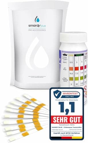 50x Bandelettes de test d’eau 3en1 pour valeur du pH, alcalinité et oxygène actif – Analyse rapide et précise de l’eau pour piscine, spa, jacuzzi, aquarium – avec échelle de couleurs et notice