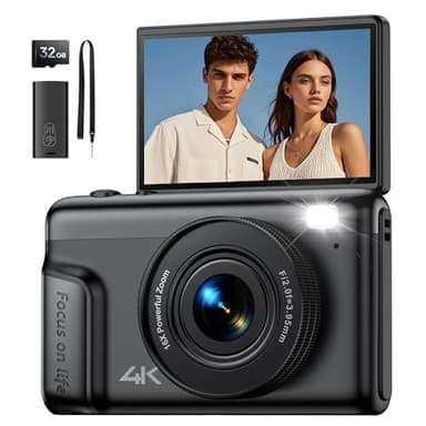 Appareil Photo Numérique 4K Digital: 64MP Appareil Photo Compact pour Vidéo avec Écran 3" Abattable 180° Digital Camera avec Zoom Numérique 16X Carte 32GB pour Enfants Débutants Adultes Étudiants Noir