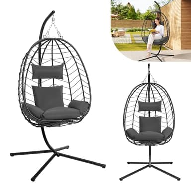 Laneetal Fauteuil Oeuf Suspendu, Chaise Balançoire, avec Support en Métal, Coussin de Siège et Appui-tête, Charge 150kg, Rotin PE, pour Jardin, Balcon, Terrasse, 102x100x196cm, Gris Foncé