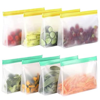 Lot de 8 sacs en silicone réutilisables avec fermeture éclair et support pour aliments, congélation, sandwich, sacs de rangement PEVA pour légumes, lait, collations, viandes