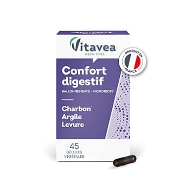 VITAVEA BIEN-ETRE Vitavea - Charbon Végétal Argile Levure - Complément alimentaire confort digestif : ballonements confort intestinal ventre gonflé - 45 gélules végétales - Fabriqué en France