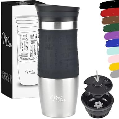 Milu Mug Isotherme Etanche 370ml, 450ml I Thermo Café-Thé I Tasse isolée pour café et thé à emporter, Double Paroi Isolée sous Vide, Acier Inoxydable I Tasse de voyage Chaud & froid (370ml, Noir)