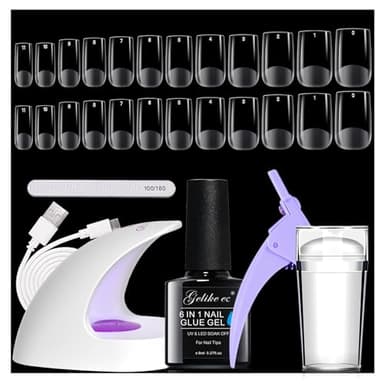 Gelike ec Kit Pose Americaine Ongles, Faux Ongles Capsule Transparents 6 en 1 Colle pour Ongles d'Extension 240Pcs 12 Tailles Portable Lampe LED Gel UV 16W, en Résine (Courte Carré)