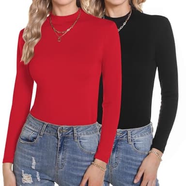 Aottori 2pcs Haut Thermique Femme col Roulé Polaire Chauds sous Vetement Thermique Coton Maillot de Corps à Manches Longues sous-Vêtements Thermiques Pull T-Shirt Hiver Automne Noir + Rouge S